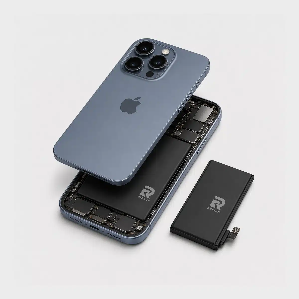iPhone 15 Pro Akku wechseln bei Repoot mit MFi Batterie für kompaktes Titan Modell und USB-C Prüfung